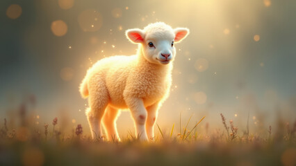 Cute baby sheep standing in a field of grass with sunlight.