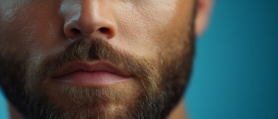 Obraz premium A man displays his skincare and beard grooming routine with a close-up view of his face highlighting healthy skin and a well-maintained beard