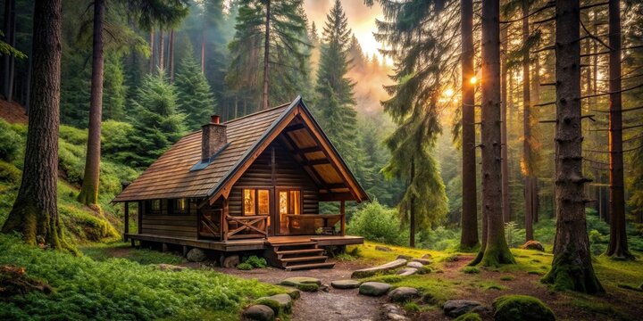 Cozy cabin nestled in a lush forest , house, cabin, home, forest, trees, nature, tranquil, secluded, peaceful, remote