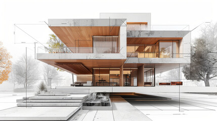 showing different design phases, from handmade rough sketch, construction specifications to realistic 3D rendering