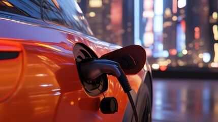 Naklejka premium Close-up of electric vehicle charging port in urban setting