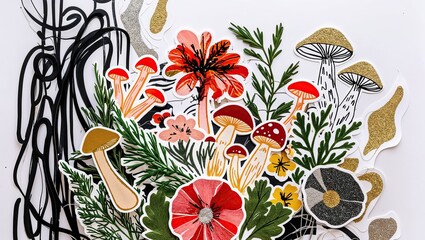 Colorful Mushroom and Flower Stickers scrapbooking doodle collage