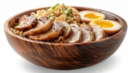 A bowl of food with noodles, meat, and eggs. Generative AI