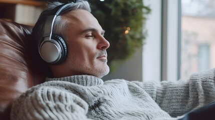 mid aged man relaxing home and listening music. 