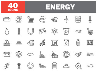 Set of 40 line icons energy. Outline icon collection. Editable stroke. Vector illustration.