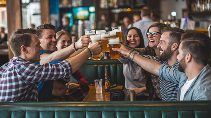Group Cheers with Beer in Pub Setting