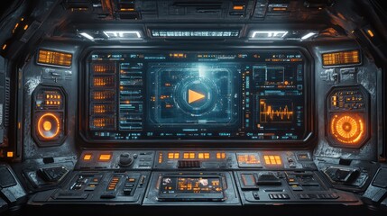 Fototapeta premium Futuristic control panel with glowing screens and data displays.