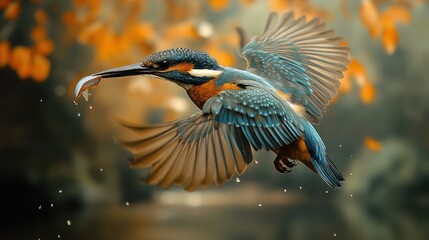 A kingfisher in flight, catching a fish amidst autumn foliage.