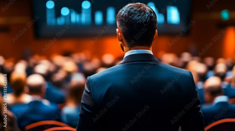 Poster a speaker stands confidently before a large audience, engaging them with insights on systems integra