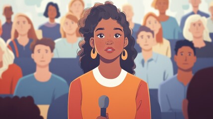 An illustration of a young woman speaking out at a town hall meeting, advocating for change in policies that affect marginalized communities.