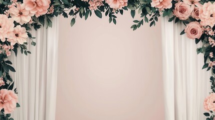 A floral archway adorned with pink flowers and greenery frames a blank background, ideal for events or photography.