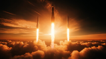 Fototapeta premium Multiple rockets launch from the Earth planet