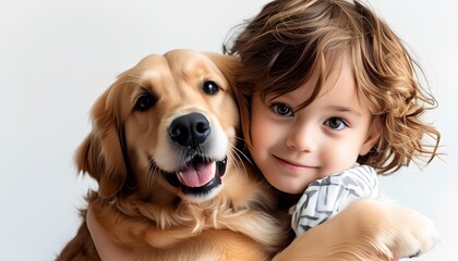 
Child holding a dog lovingly