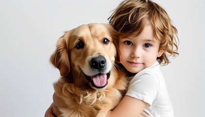 
Child holding a dog lovingly
