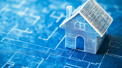 Blueprint model house on architectural plans background