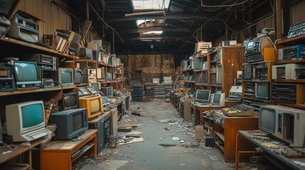 Obraz premium Abandoned Industrial Space with electronic waste, computer, storage, etc