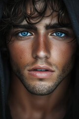 Obraz premium stunningly handsome young man with wavy dark hair and piercing blue eyes, wearing a hood , slightly tanned skin. He has strong facial features, a masculine jawline, high cheekbones, thick eyebrows