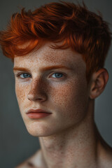 Obraz premium beautiful young man with red hair and freckles, featuring a very short undercut on the sides, blue eyes, and a grey background