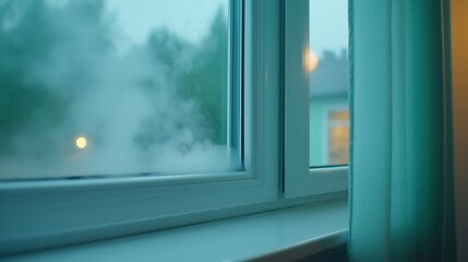A tranquil view through a misty window capturing the calmness of rainy days in a cozy environment