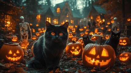 A spooky Halloween scene with a black cat among glowing pumpkins.