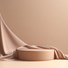 3d display podium with beige background, pedestal, and flowing Nude silk curtain