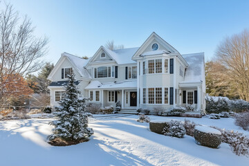 white New England home with a winter tree in front, real estate, snowy