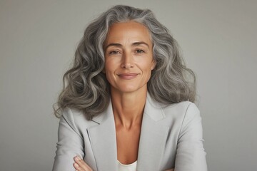 Obraz premium Successful female CEO with silver hair confidently posing for a portrait in a professional setting to showcase leadership and achievement in the corporate world