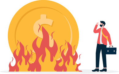 Desperate distressed businessman standing on a pile of burning gold coins, project funding crisis,

