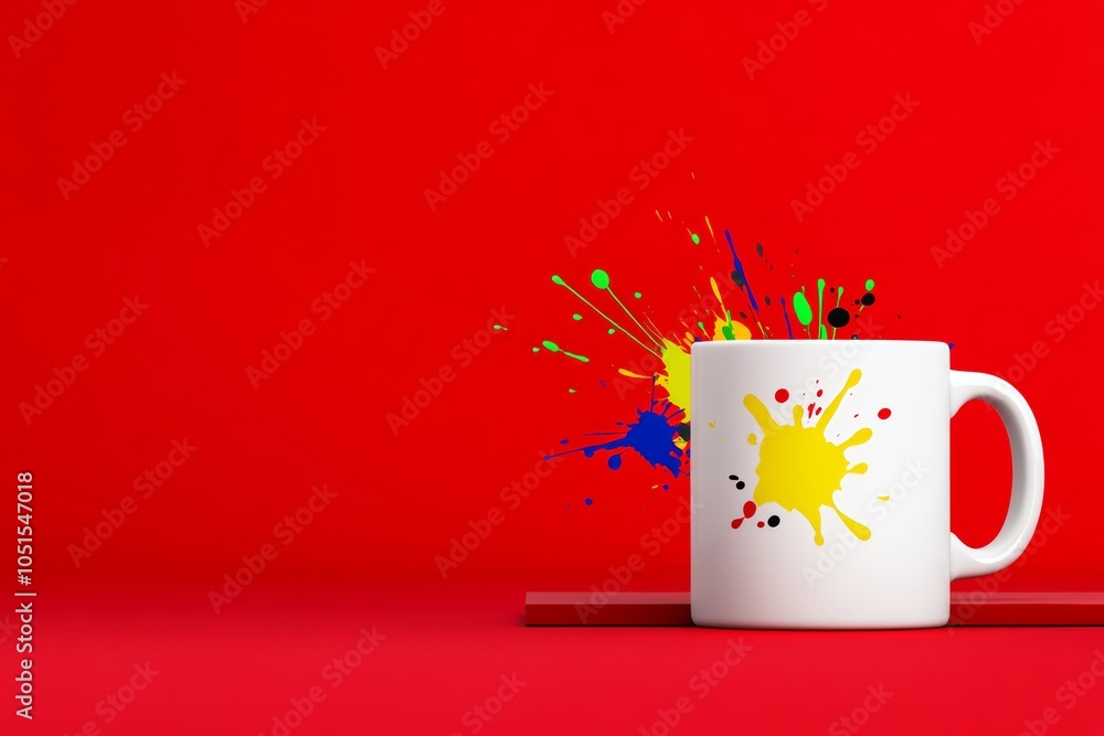 Poster white cup sits on a shelf next to a red wall. wall is covered in colorful paint splatters, giving ro