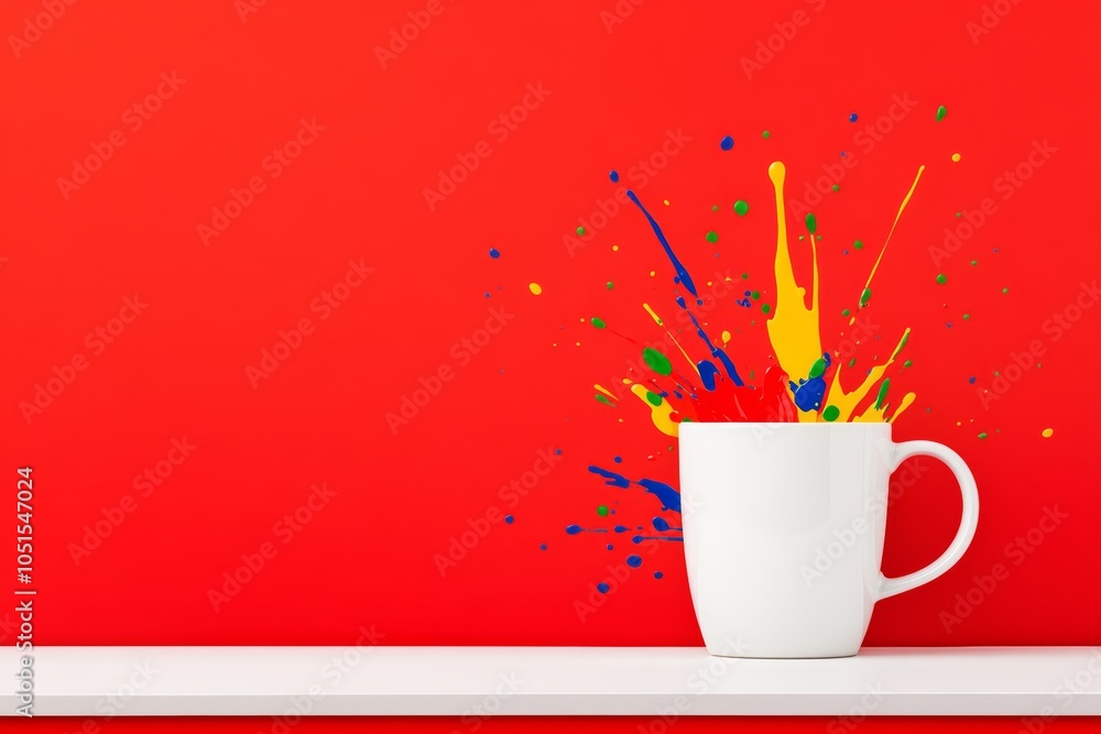 Aufkleber white cup sits on a shelf next to a red wall. wall is covered in colorful paint splatters, giving ro