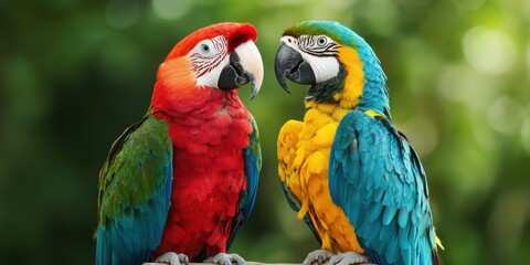Two vibrant parrots featuring bright colors perched together on a branch.