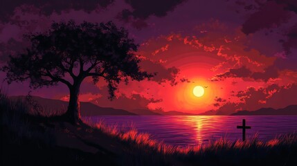 A lone tree stands on the horizon