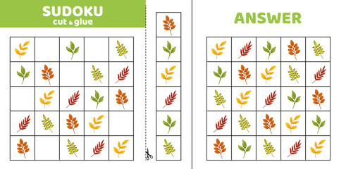 Sudoku with five autumn branches. Game puzzle for kids. Cut and glue. Cartoon.