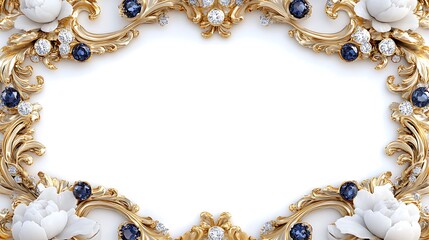 Ornate gold frame with white flowers and blue gems on white background.