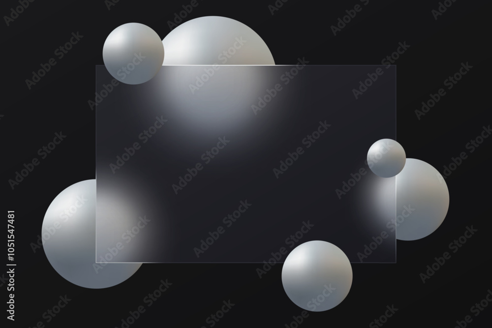 Poster website landing page template in glass morphism style. frosted glass partition with floating spheres
