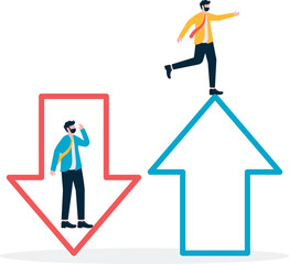 Fototapeta premium One businessman is holding a rising arrow and another businessman is standing on a falling arrow