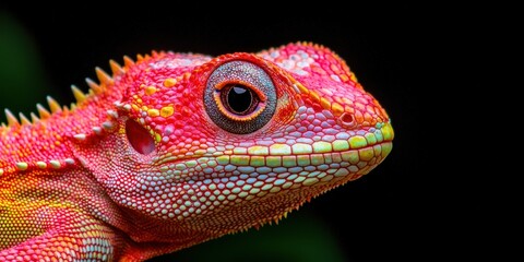 Fototapeta premium Vibrant and colorful close-up of a chameleon on a dark background.