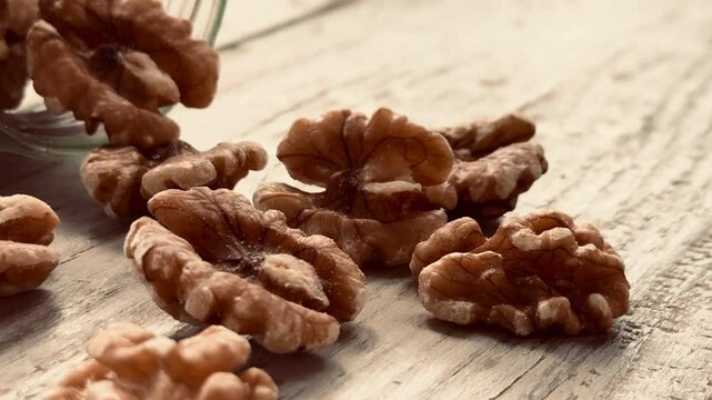 Peeled walnuts on the table.
