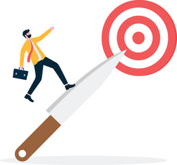Fototapeta premium Adventure and risk concept, businessman running on the tip of a knife and reach the target