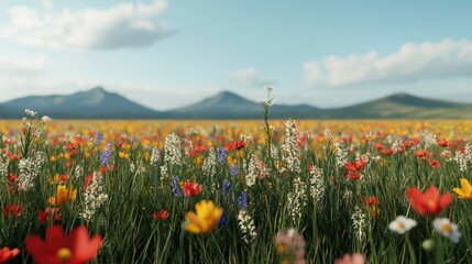 Obraz premium Vibrant wildflower meadow with colorful blooms and distant mountains under a clear blue sky.