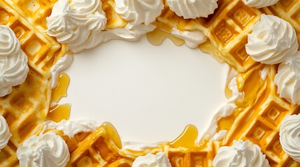 A frame of waffles with whipped cream and syrup on a white background.