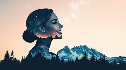 Silhouette of a woman with a mountain landscape inside, serene and dreamlike.