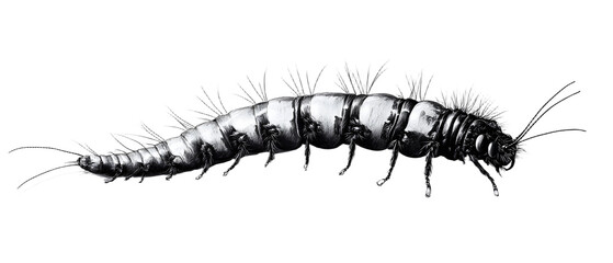 Fototapeta premium A black-and-white drawing of a caterpillar against a pristine white backdrop, with its shadow delicately sketched beneath