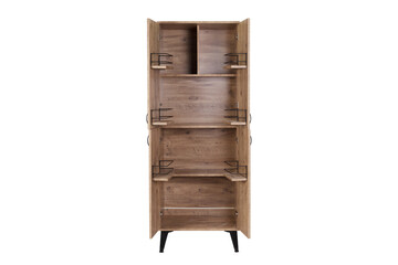 Rustic Wood Storage Cabinet with Open Shelves and Metal Frame, Freestanding Pantry or Bookcase for Kitchen or Living Room