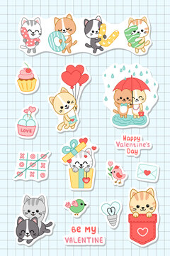 Stickers with love item and cats. Kittens on sticket pack. Vector, cartoon.