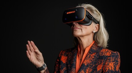 A successful female CEO explores virtual reality technology at a corporate event, demonstrating innovative leadership and vision in the tech industry