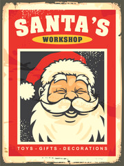 Santa Claus smiling portrait on old metal sign. Retro illustration for Christmas gift shop. Vintage toy store vector poster idea.