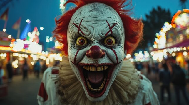 Horror clown and creapy funfair or circus. Concept of evil and fear 