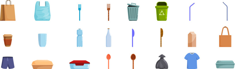 Waste reduction icons set. Various single use items highlighting the problem of non biodegradable waste and its impact on the environment