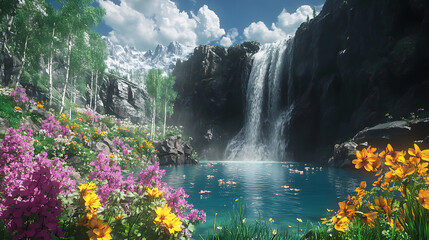 A hidden gem featuring a waterfall cascading into a natural pool, with colorful wildflowers blooming along the rocky shoreline  © aun